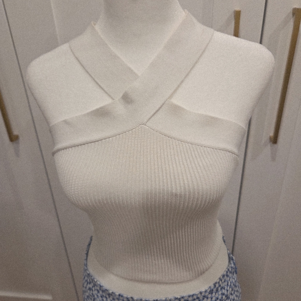 ARITZIA BABATON Cream Cross-Neck Ribbed Knit Tank Top MEDIUM